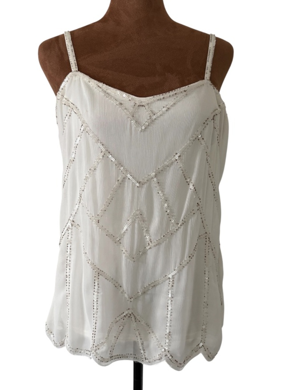 WHBM Ivory Silver Sequin Beaded Scalloped Camisole Top S